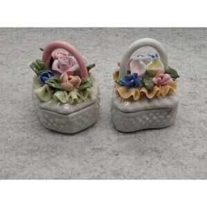 Set of 2 Vintage Porcelain Trinket Boxes – Heart & Hexagon Shape Jewelry Boxes